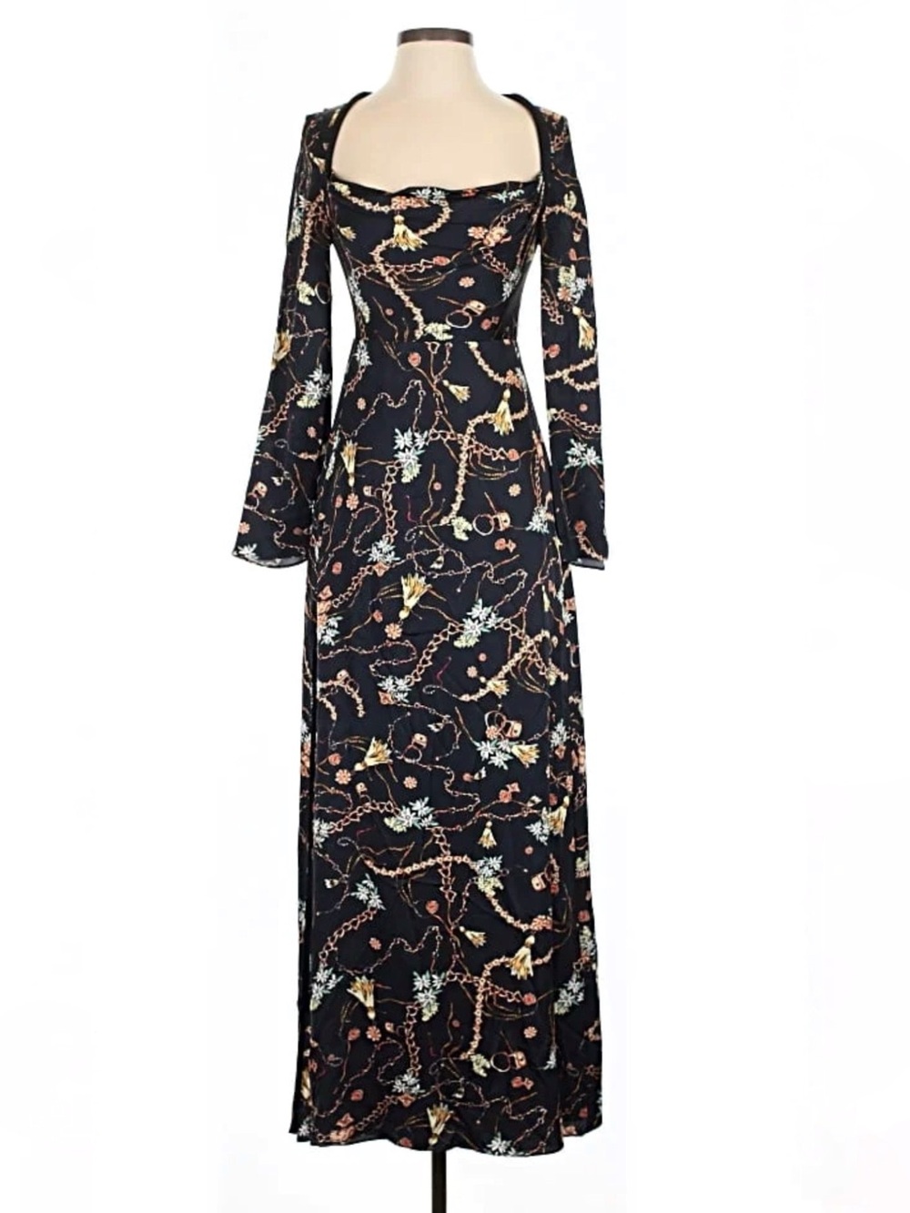 Fame and Partners Long Sleeve Long Black Patterned Cocktail Dress